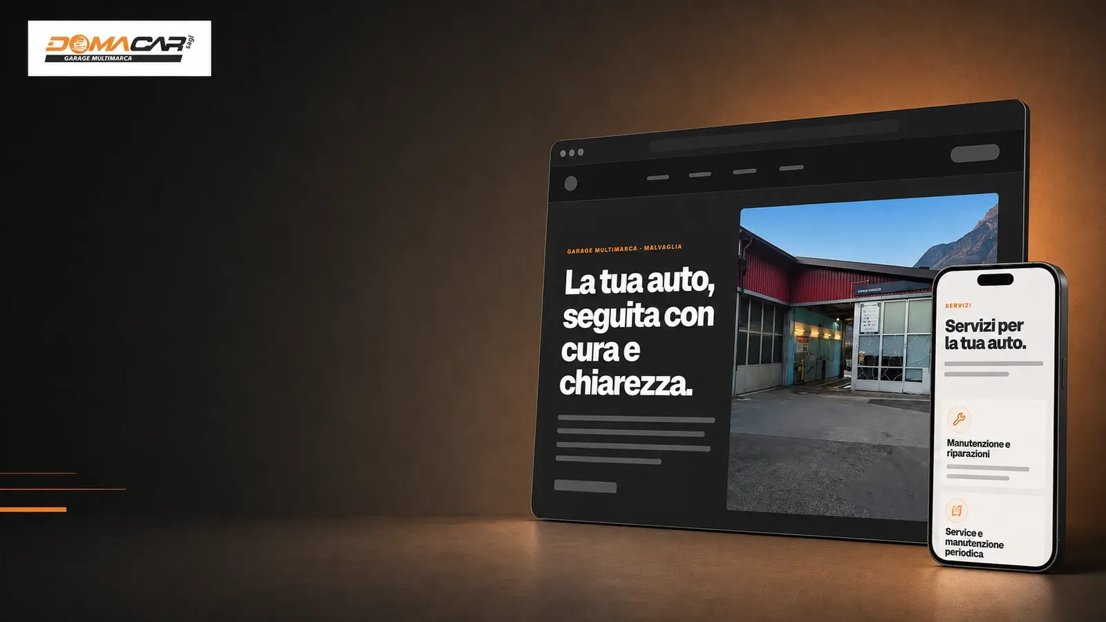 Il sito DomaCar su desktop e smartphone, aperto sulla pagina iniziale «La tua auto, seguita con cura e chiarezza».