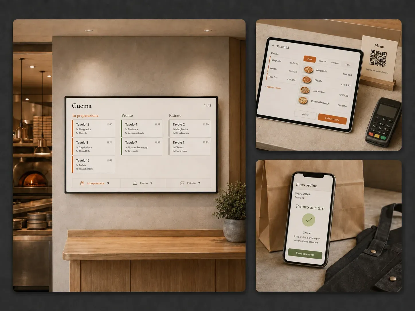 Display di cucina, tablet con una comanda e smartphone con l’avviso di ordine pronto in ambienti ricostruiti.