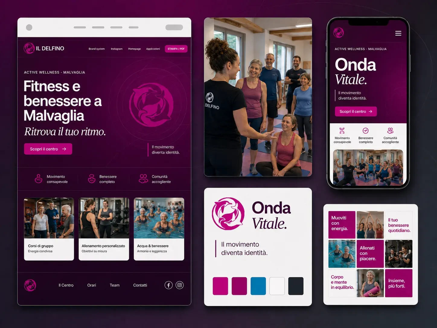 Tavola con pagina iniziale, marchio, palette e modelli per i social.