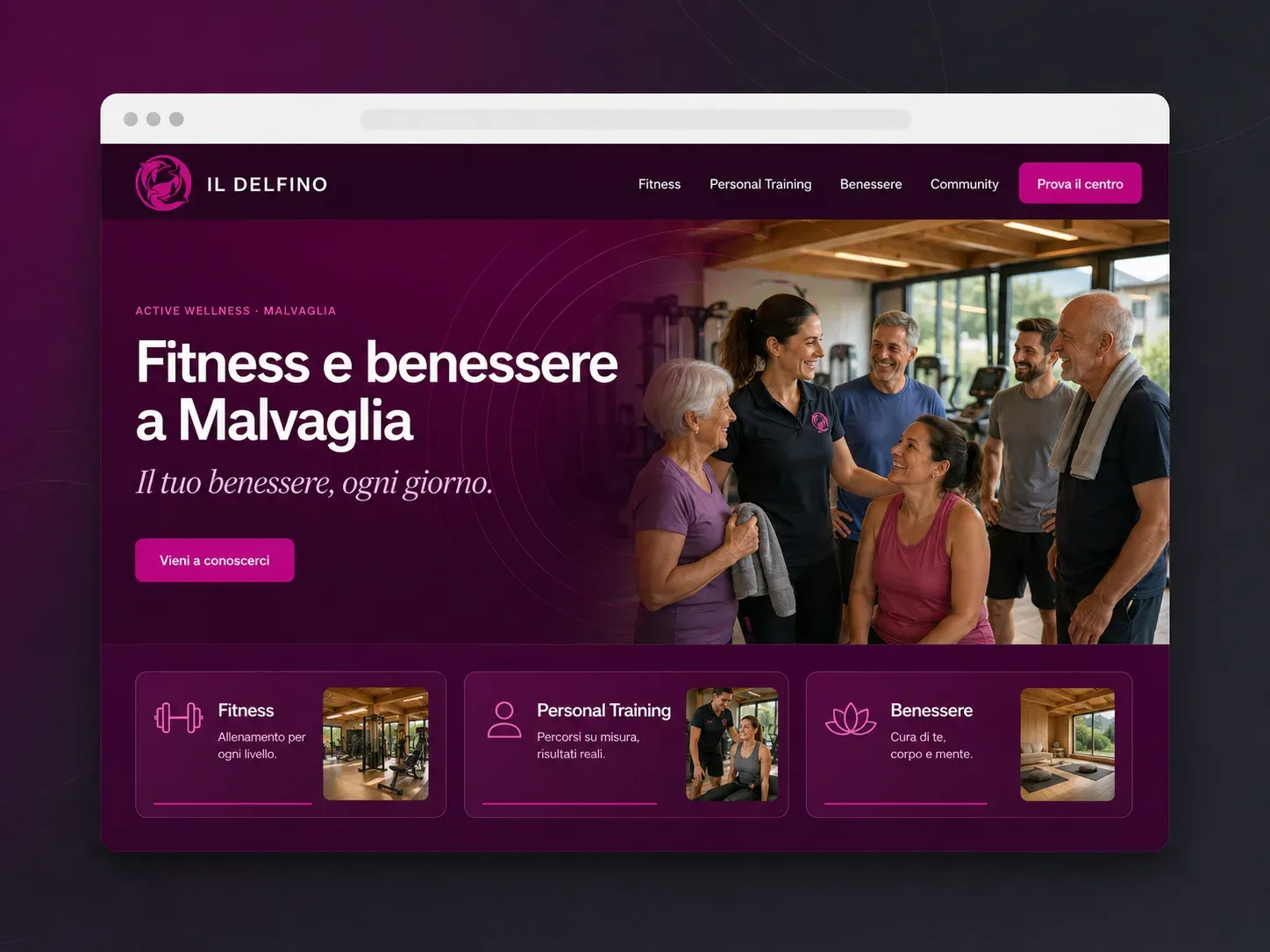 Anteprima della nuova pagina iniziale su desktop, con fondo magenta e prugna e il titolo «Fitness e benessere a Malvaglia».