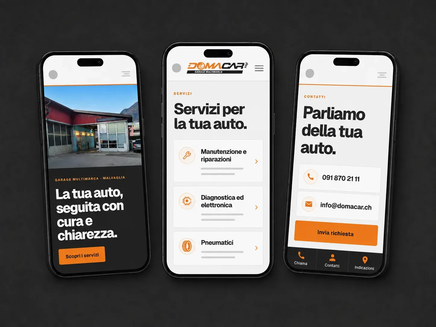 Tre schermate del sito DomaCar su smartphone: pagina iniziale, servizi e contatti con la barra delle azioni.