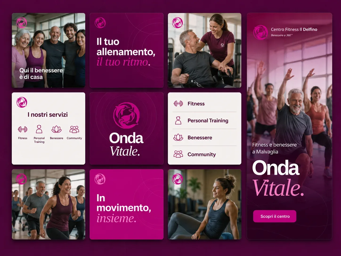 Griglia di nove post con fotografie, frasi, colori pieni e icone delle attività.