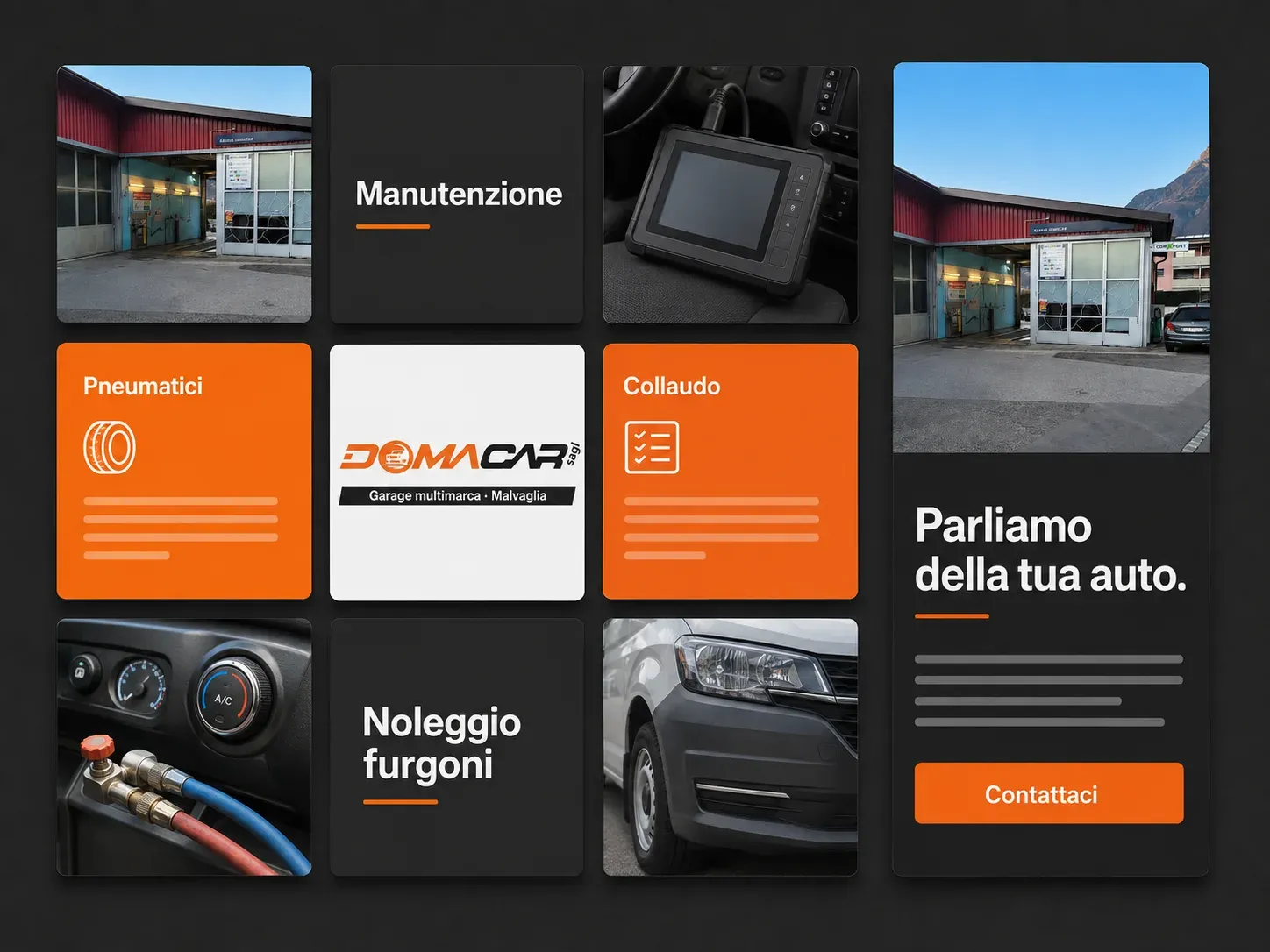 Griglia di nove post con fotografie dell’officina, campiture arancioni e titoli dei servizi.